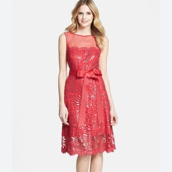 TADASHI SHOJI Red Lace Dress 6 Illusion Neck Sequin Bow Holiday Christmas Formal - Picture 2 of 16